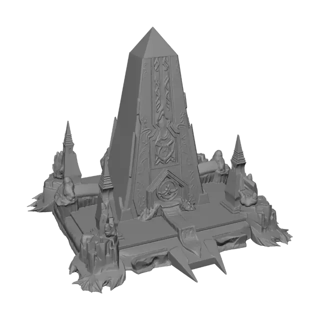 3D model for corrupted ritual obelisk rising from jagged, razor-sharp rock formations and cracked earth. The obelisk is carved from a porous, pitch-black obsidian stone, bleeding thick, luminescent purple fluid from its ancient eldritch engravings. Dark, twisting shadows wrap around its base like grasping tendrils. Requirement: Dark fantasy environmental model, emphasize the extreme architectural angles of the obelisk, the sharp geometric contours of the stones, and a macabre, tense atmosphere, tabletop terrain ready.