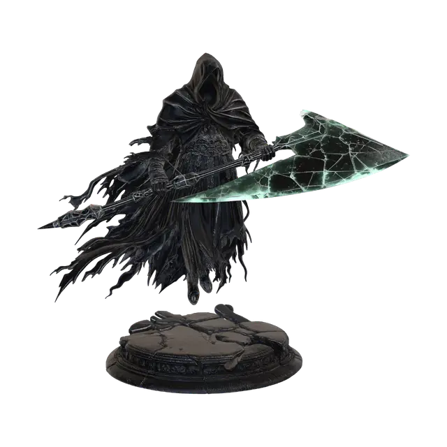 3D model for faceless phantom executioner hovering inches above a cracked slate pedestal. He wears an oversized, light-absorbing black velvet cowl that completely swallows his features, holding a massive, double-handed executioner blade made of cracked, soul-glowing green glass. Requirement: Gothic horror character mini, maximize stark light contrast and sharp blade geometry.