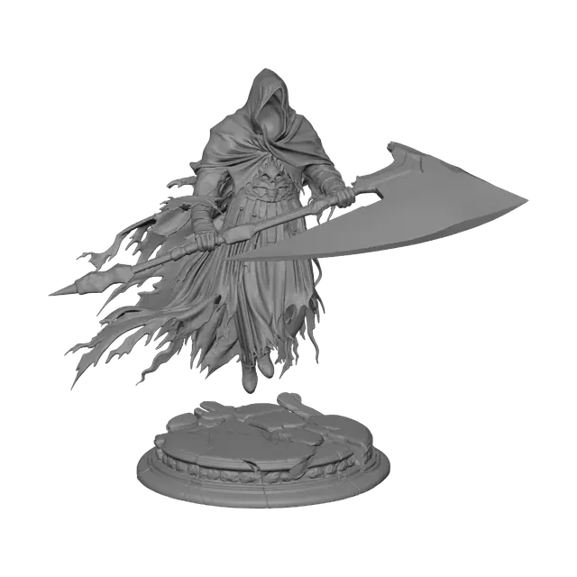 3D model for faceless phantom executioner hovering inches above a cracked slate pedestal. He wears an oversized, light-absorbing black velvet cowl that completely swallows his features, holding a massive, double-handed executioner blade made of cracked, soul-glowing green glass. Requirement: Gothic horror character mini, maximize stark light contrast and sharp blade geometry.