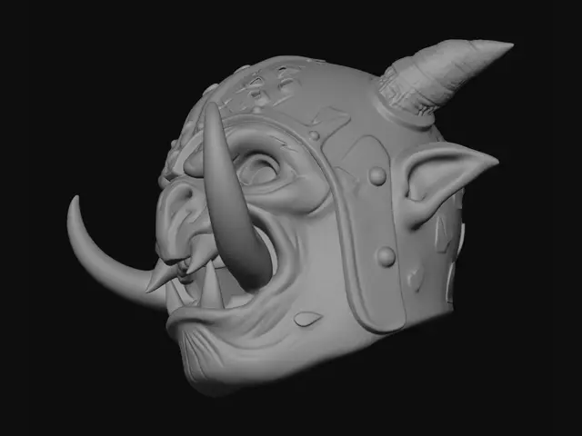 3D model for Erzeuge einen tragbaren mittelalterlichen Orkhelm, der aussieht wie eine Maske. Der Helm muss tragbar sein! Es geht um Cosplay. Ohne Lederbänder, Ohne Haare, 3D druckbar.