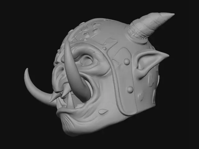 3D model for Erzeuge einen tragbaren mittelalterlichen Orkhelm, der aussieht wie eine Maske. Der Helm muss tragbar sein! Es geht um Cosplay. Ohne Lederbänder, Ohne Haare, 3D druckbar.
