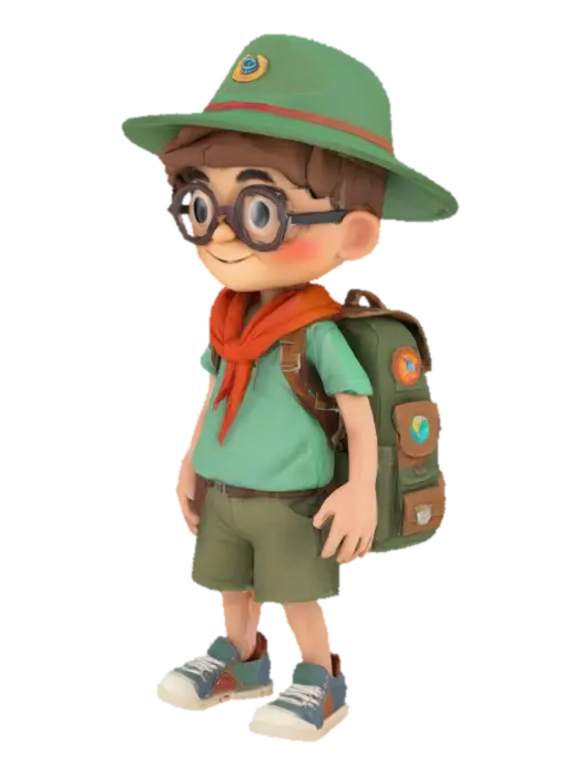traveller boy with backpack and scout hat with big glasses with cute smile 3D model, vytvořený pomocí AI