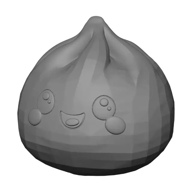 3D model for Cute yellow squishy dumpling toy, glossy rubber material, kawaii face with rosy cheeks and smiling expression, soft rounded shape, low poly 3D game asset style, clean white background, isometric view, product render, studio lighting, single object, no shadows