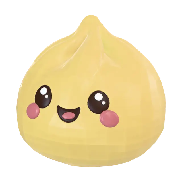 3D model for Cute yellow squishy dumpling toy, glossy rubber material, kawaii face with rosy cheeks and smiling expression, soft rounded shape, low poly 3D game asset style, clean white background, isometric view, product render, studio lighting, single object, no shadows
