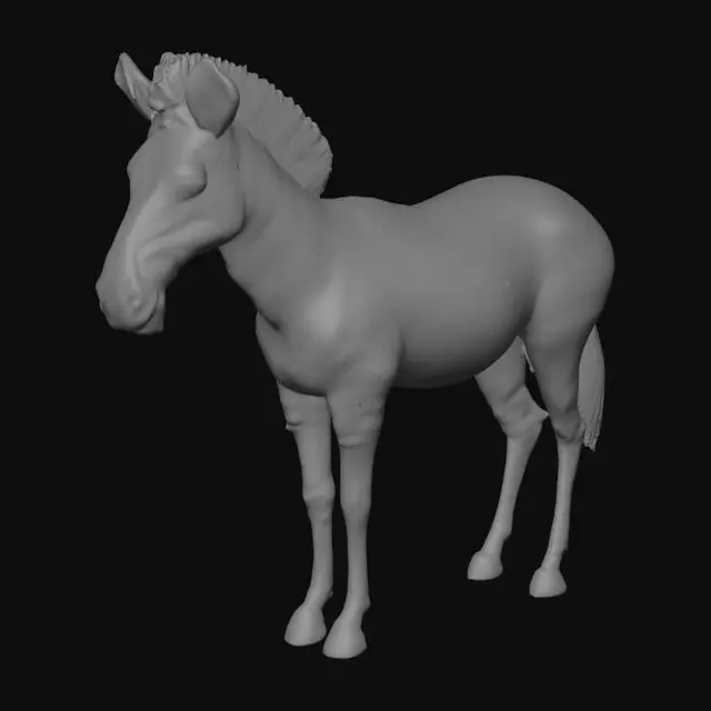 3D model for An African Plains Zebra, realistic black and white stripe pattern, standing pose, mid-poly 3D model for game engine, PBR textures.
