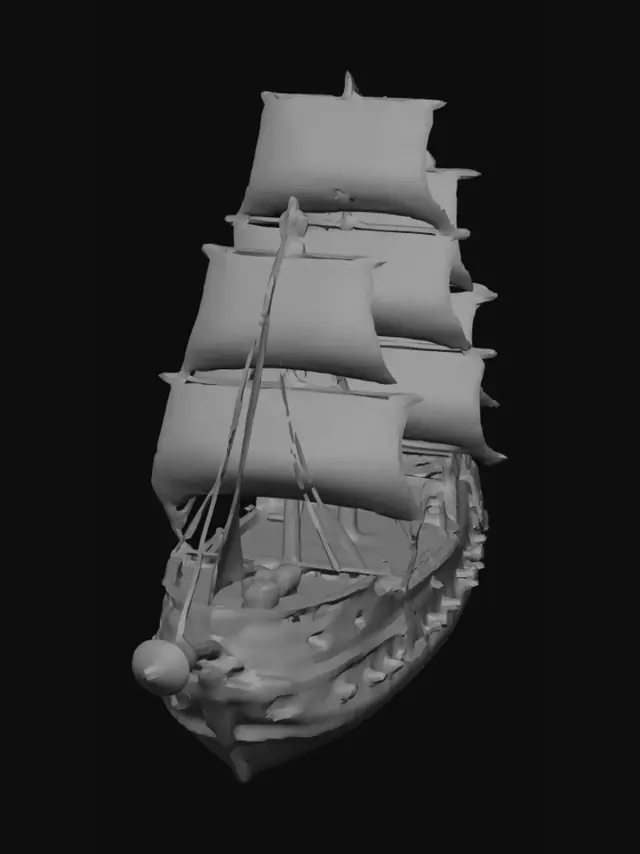 3D model for Create a model for a smash bros like fighting game in battle field mode with 3 platforms and a main stage with ledges. make it one piece pirate ship themed whitebeards ship