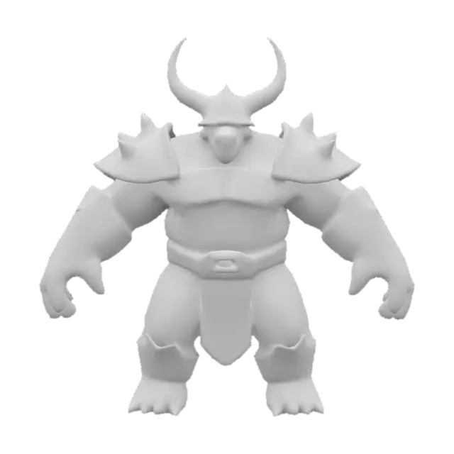 3D model for A stocky humanoid enemy in dark armor with orange accents, spiked shoulder pads, horned helmet. Red-and-white striped cloth around waist. T-Pose for rigging, arms outstretched. Gritty fantasy style, robust build, menacing, with rugged textures.