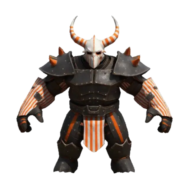 3D model for A stocky humanoid enemy in dark armor with orange accents, spiked shoulder pads, horned helmet. Red-and-white striped cloth around waist. T-Pose for rigging, arms outstretched. Gritty fantasy style, robust build, menacing, with rugged textures.