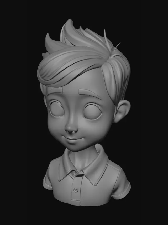 3D model for Stylized full-color 3D caricature bust of a young boy, front-facing, calm neutral expression, short spiky black hair, warm tan skin, large glossy dark eyes, subtly emphasized ears, rounded cheeks, small soft nose, gentle closed lips, slightly elongated neck, childlike proportions. He wears a dark navy polo shirt with a bright red collar, red sleeve trim, white stripe details, small buttons, soft fabric folds, seams, and raised red embroidered chest detail. Premium clay/resin/vinyl character style, smooth sculpted skin, warm subsurface scattering, clean topology, polished colorful materials, soft cinematic studio lighting, high-detail 3D model, no background, no base, isolated character only.