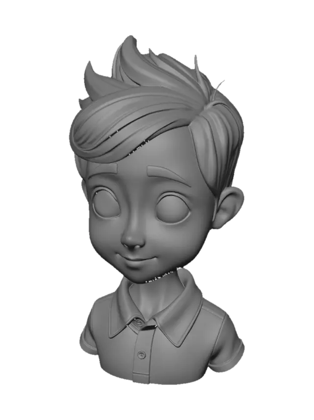 3D model for Stylized full-color 3D caricature bust of a young boy, front-facing, calm neutral expression, short spiky black hair, warm tan skin, large glossy dark eyes, subtly emphasized ears, rounded cheeks, small soft nose, gentle closed lips, slightly elongated neck, childlike proportions. He wears a dark navy polo shirt with a bright red collar, red sleeve trim, white stripe details, small buttons, soft fabric folds, seams, and raised red embroidered chest detail. Premium clay/resin/vinyl character style, smooth sculpted skin, warm subsurface scattering, clean topology, polished colorful materials, soft cinematic studio lighting, high-detail 3D model, no background, no base, isolated character only.