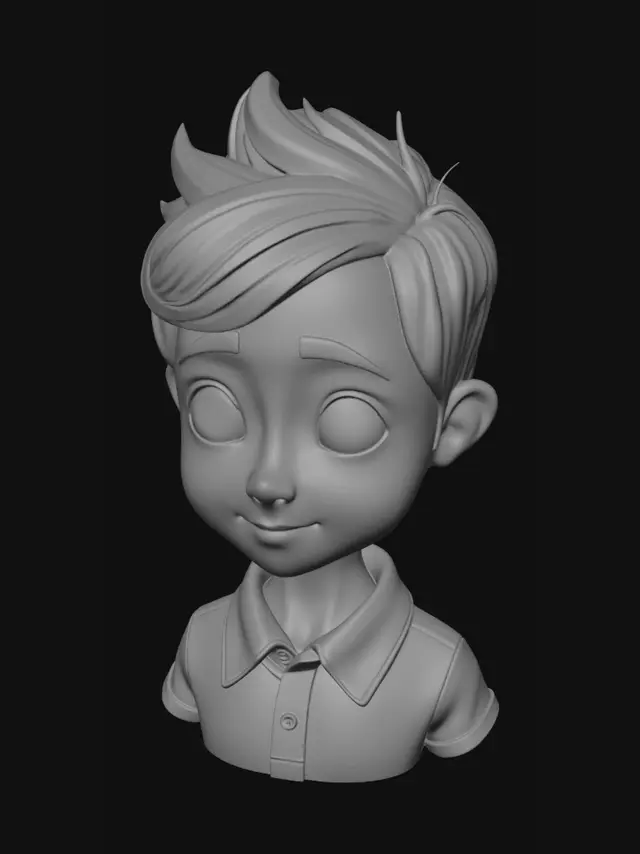 3D model for Stylized full-color 3D caricature bust of a young boy, front-facing, calm neutral expression, short spiky black hair, warm tan skin, large glossy dark eyes, subtly emphasized ears, rounded cheeks, small soft nose, gentle closed lips, slightly elongated neck, childlike proportions. He wears a dark navy polo shirt with a bright red collar, red sleeve trim, white stripe details, small buttons, soft fabric folds, seams, and raised red embroidered chest detail. Premium clay/resin/vinyl character style, smooth sculpted skin, warm subsurface scattering, clean topology, polished colorful materials, soft cinematic studio lighting, high-detail 3D model, no background, no base, isolated character only.
