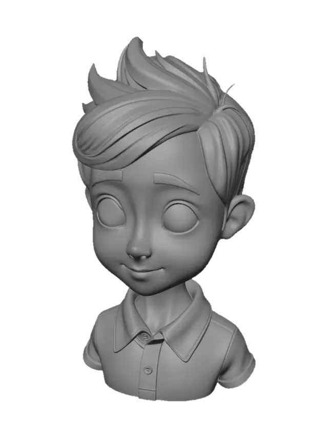 3D model for Stylized full-color 3D caricature bust of a young boy, front-facing, calm neutral expression, short spiky black hair, warm tan skin, large glossy dark eyes, subtly emphasized ears, rounded cheeks, small soft nose, gentle closed lips, slightly elongated neck, childlike proportions. He wears a dark navy polo shirt with a bright red collar, red sleeve trim, white stripe details, small buttons, soft fabric folds, seams, and raised red embroidered chest detail. Premium clay/resin/vinyl character style, smooth sculpted skin, warm subsurface scattering, clean topology, polished colorful materials, soft cinematic studio lighting, high-detail 3D model, no background, no base, isolated character only.