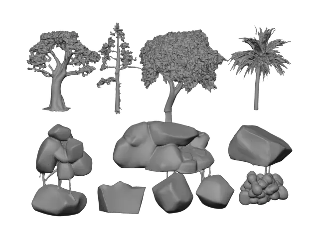 3D model for I am looking for 5 different trypes of trees and 5 differentr types of rocks, they should be semi realistic, with a nice texture to it. so 10 models in total.