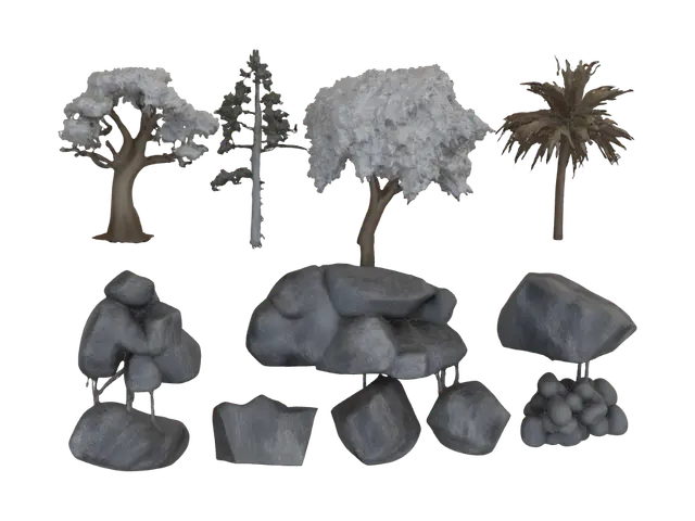 3D model for I am looking for 5 different trypes of trees and 5 differentr types of rocks, they should be semi realistic, with a nice texture to it. so 10 models in total.
