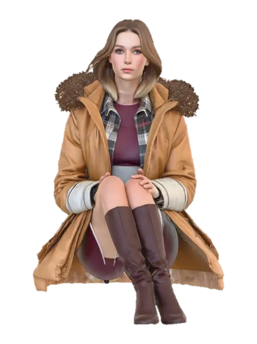 A 3D model of a woman seated on a light beige, textured bedspread, wearing a… - Kneehighboots 3D model, vytvořený pomocí AI