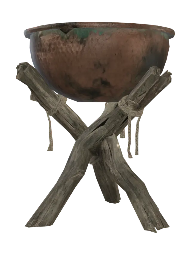 A handcrafted medieval copper fire brazier on a weathered wood - Patina 3D model, vytvořený pomocí AI