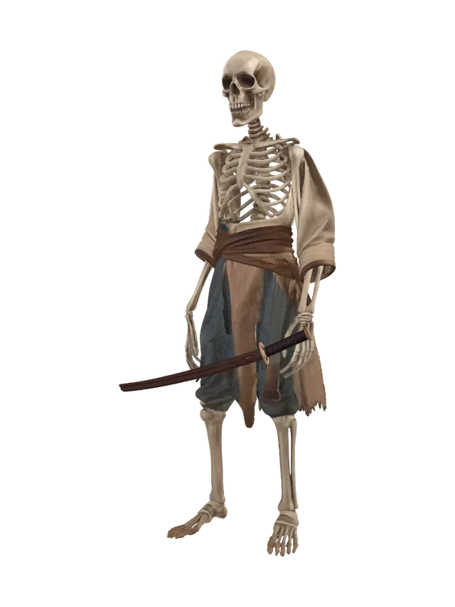 3D model for Ancient human skeleton wearing torn Edo-period traveler clothing, sitting against a cave wall, collapsed naturally over centuries, old leather belt, worn cloth wrappings, rusted katana lying beside the body, weathered bones, realistic anatomy, subtle moss, cave dirt, cinematic dark fantasy, highly detailed, realistic PBR, game-ready asset, isolated object, no backgroun