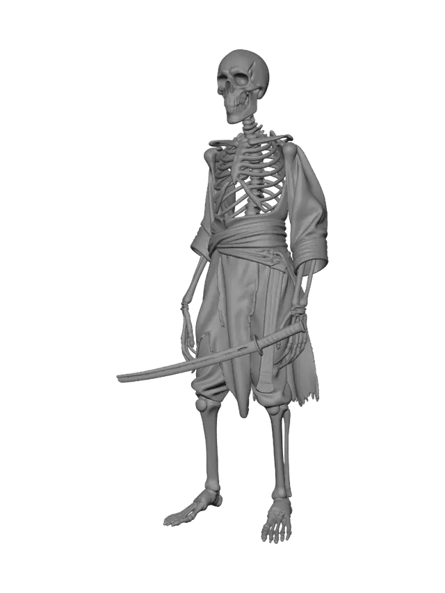 3D model for Ancient human skeleton wearing torn Edo-period traveler clothing, sitting against a cave wall, collapsed naturally over centuries, old leather belt, worn cloth wrappings, rusted katana lying beside the body, weathered bones, realistic anatomy, subtle moss, cave dirt, cinematic dark fantasy, highly detailed, realistic PBR, game-ready asset, isolated object, no backgroun