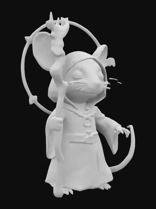 3D model for A medium-poly masterpiece Chrono-forge masterpiece character, of a cute rat humanoid as the Grim Reaper. She is encircled by magical symbols floating in the air all around her. She holds a stylized scythe the beauty of which has never been seen before. Epic-games, unity-engine, NVIDIA quality. Game friendly color scheme.