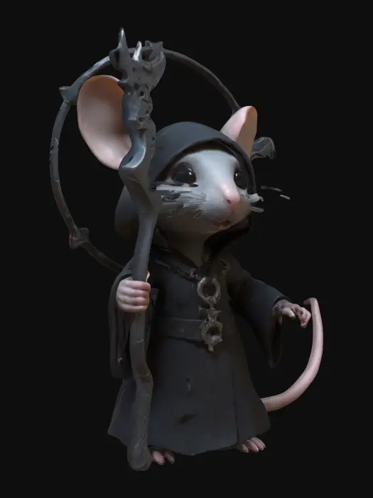 3D model for A medium-poly masterpiece Chrono-forge masterpiece character, of a cute rat humanoid as the Grim Reaper. She is encircled by magical symbols floating in the air all around her. She holds a stylized scythe the beauty of which has never been seen before. Epic-games, unity-engine, NVIDIA quality. Game friendly color scheme.