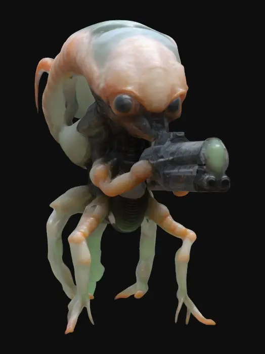 3D model for Create a prawn alien creature from the movie “District 9”, covered in thin cloudy translucent slime and holding an advanced weapon from his planet. Aliencore, futurecore, cybercore. 8k NVIDIA textures, Unity engine, game-ready, stylized and articulate. #ChronoForgeWeapon#