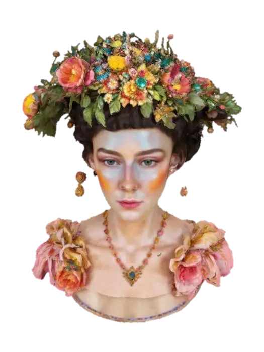 A colorful Bridgerton theme intricate Queen-Charlotte updo headpiece. 8K Detail,… 3D model, vytvořený pomocí AI