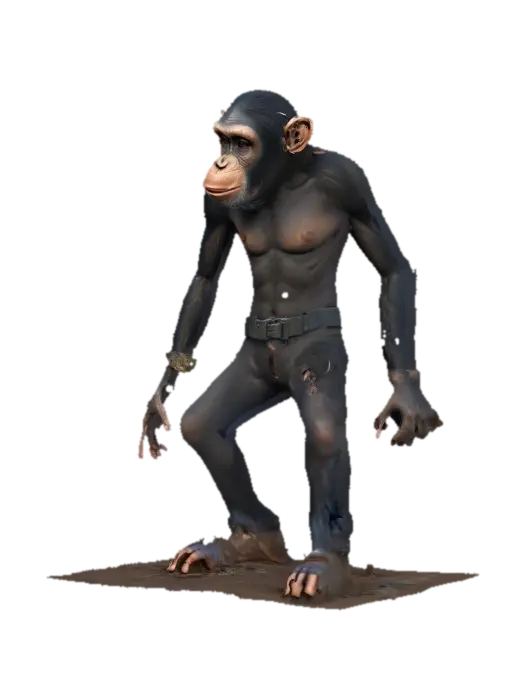 A character, mostly naked, mudborne, industrialpunk, Planet-of-the-Apes,… - Chimpanzee 3D model, vytvořený pomocí AI