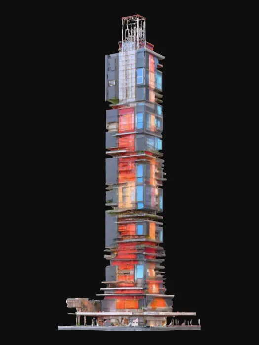 3D model for A 10-meter model of a modern-Japanese high-rise tower, with a fun 怪獣 theme. 8k colorful textures, all sides match well. symmetrical. well drawn windows, glass, and steel, intricate and ornate girder and floor textures. NVIDIA OptiX, Daz3D, deeply carved detail, highest quality, highest resolution, insane detailed, zbrush, v-ray, Meshy masterpiece, prize winning, computerized fiber-optic lighting.
