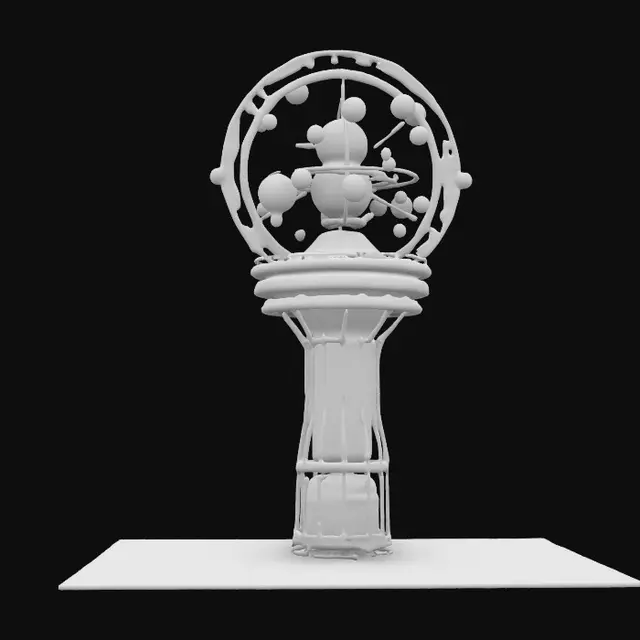 3D model for Very complex and intricate Orrery with tens of planets and orbs and interesting parts held by golden wires orbiting around the top of a tall modern water-tower, NVIDIA 8k textures. Add a few highly Detailed planets