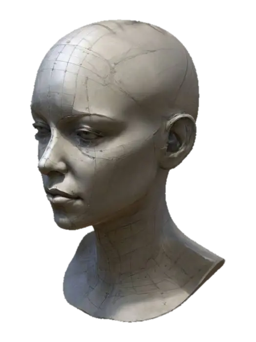 3D model for a bust of a female human head with the planes of the face exaggerated and blocked out for artistic reference somewhat in the asaro style the planes should be very well defined and highly detailed
