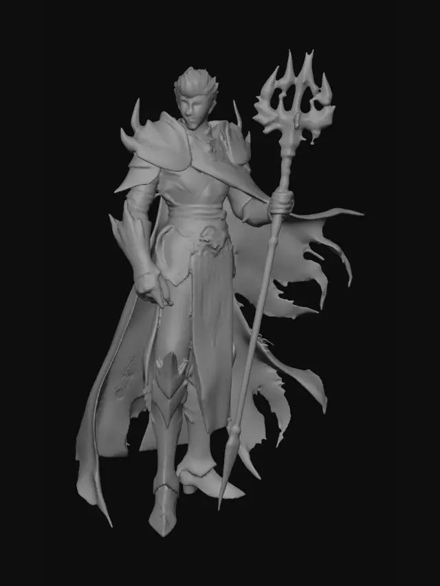 3D model for Full body 3D character asset of a male fantasy battle mage armor, heavily inspired by "One Autumn Leaf" from King's Avatar, intricate dark silver and crimson plated armor, sharp shoulder guards, ornate dragon motifs, long tattered black and red cape, holding a massive ornate battle spear weapon, stylized anime game asset, clean topology, 3D anime style.  (unreal engine)