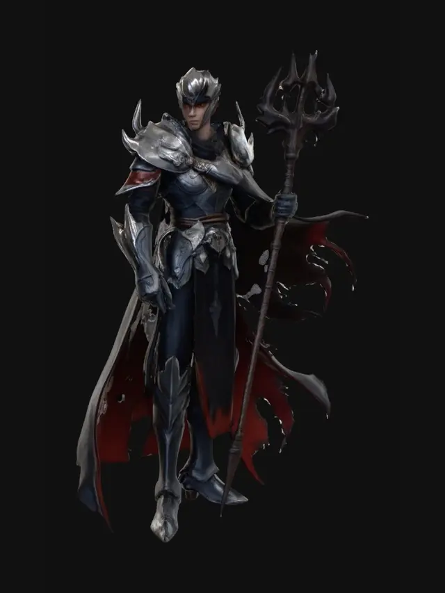 3D model for Full body 3D character asset of a male fantasy battle mage armor, heavily inspired by "One Autumn Leaf" from King's Avatar, intricate dark silver and crimson plated armor, sharp shoulder guards, ornate dragon motifs, long tattered black and red cape, holding a massive ornate battle spear weapon, stylized anime game asset, clean topology, 3D anime style.  (unreal engine)