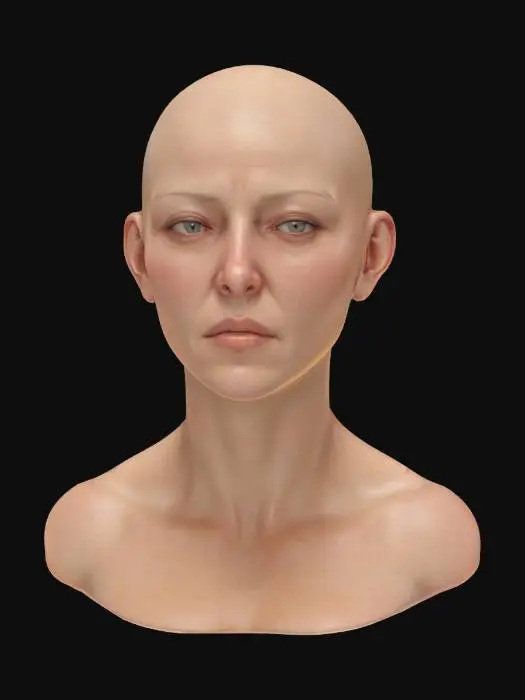 3D model for Ultra-realistic bust 3D bald woman. 8K PBR textures, visible skin grain, natural skin pores, lighting optimized for cinematic close-up rendering. close eyes. game ready. photogrammetry
