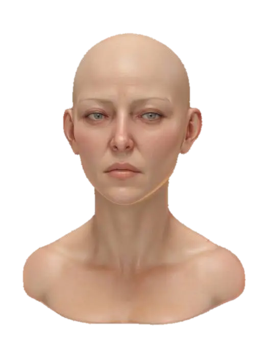 3D model for Ultra-realistic bust 3D bald woman. 8K PBR textures, visible skin grain, natural skin pores, lighting optimized for cinematic close-up rendering. close eyes. game ready. photogrammetry