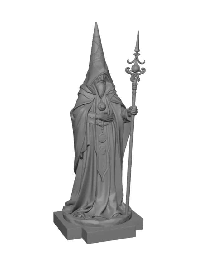 3D model for Norse rune seer priest, God of War inspired chess bishop, tall hooded robed figure carved from weathered stone, pointed conical hood forming bishop silhouette, holding carved rune staff close to body, iron filigree trim, mystic engraved symbols glowing faintly, flowing robe widening into stable base, fully watertight solid single mesh, no gaps or floating parts, minimum 3mm walls, FDM 3D print ready, desk miniature scale, dramatic heroic sculpt
