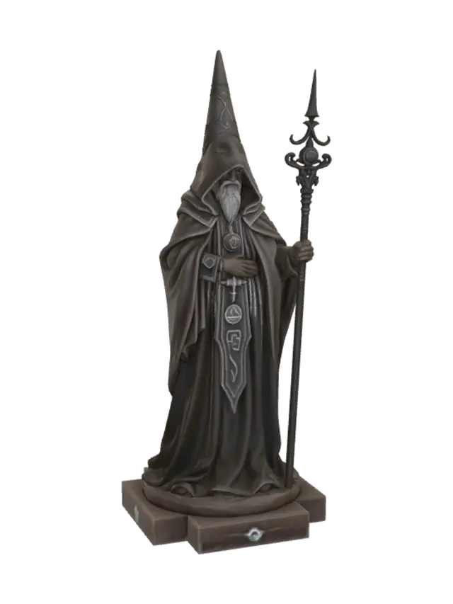 3D model for Norse rune seer priest, God of War inspired chess bishop, tall hooded robed figure carved from weathered stone, pointed conical hood forming bishop silhouette, holding carved rune staff close to body, iron filigree trim, mystic engraved symbols glowing faintly, flowing robe widening into stable base, fully watertight solid single mesh, no gaps or floating parts, minimum 3mm walls, FDM 3D print ready, desk miniature scale, dramatic heroic sculpt