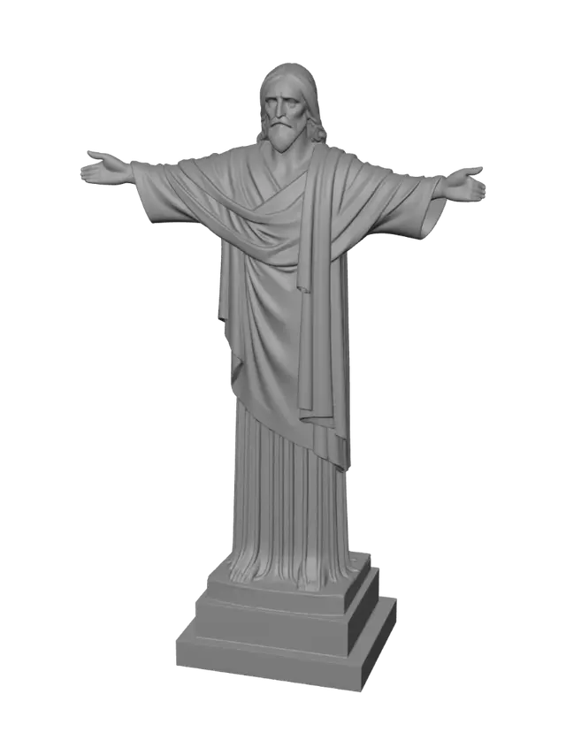 3D model for Full-scale, highly detailed 3D model of the Christ the Redeemer (Cristo Redentor) statue from Rio de Janeiro, Brazil. Ultra-precise architectural geometry, 1:1 scale proportions. Features iconic outstretched arms, Art Deco style robe folds, serene facial expression, and mosaic tile texture details. Designed specifically for 3D printing: watertight manifold mesh, solid geometry, flat base platform, no loose floating parts, clean topology, zero non-manifold edges. High-resolution STL/OBJ ready mesh.