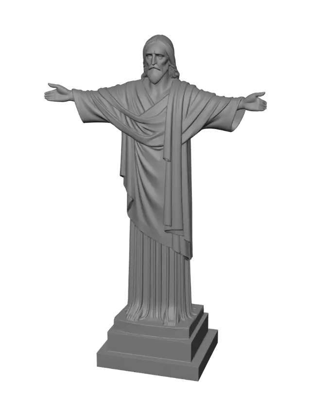 3D model for Full-scale, highly detailed 3D model of the Christ the Redeemer (Cristo Redentor) statue from Rio de Janeiro, Brazil. Ultra-precise architectural geometry, 1:1 scale proportions. Features iconic outstretched arms, Art Deco style robe folds, serene facial expression, and mosaic tile texture details. Designed specifically for 3D printing: watertight manifold mesh, solid geometry, flat base platform, no loose floating parts, clean topology, zero non-manifold edges. High-resolution STL/OBJ ready mesh.