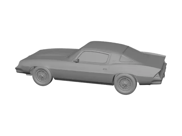 3D model for Same silver gray 1978 Chevrolet Camaro side profile on white background, but replace the wheels with classic hot wire mag wheels — chrome wire-spoke wheels with intricate crossed wire spokes radiating from the center hub, polished chrome finish, mounted on black tires with white lettering. Keep everything else identical — same car body, same color, same background, same angle.