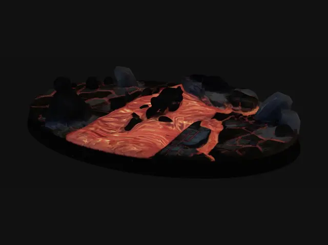 3D model for A volcanic base for tabletop gaming miniatures. Black Cracked ground with lava flowing in the cracks.