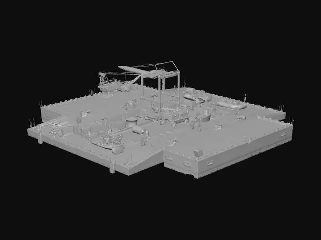 3D model for Create a large modular industrial shipyard pier for an RTS game, top-down optimized. The structure must be a wide concrete platform over water with multiple docking bays on both sides (at least 6 docks). Include one main central pier with several side extensions, forming a complex layout (T and cross shapes). Add a large gantry crane, smaller cranes, containers, fuel tanks, pipes, cables, industrial lights and service equipment. Include variation in dock sizes for small and large ships. The design must feel like a modern naval base, highly detailed but game optimized, with clean topology, modular sections and strong silhouette readability from above.