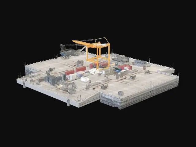 3D model for Create a large modular industrial shipyard pier for an RTS game, top-down optimized. The structure must be a wide concrete platform over water with multiple docking bays on both sides (at least 6 docks). Include one main central pier with several side extensions, forming a complex layout (T and cross shapes). Add a large gantry crane, smaller cranes, containers, fuel tanks, pipes, cables, industrial lights and service equipment. Include variation in dock sizes for small and large ships. The design must feel like a modern naval base, highly detailed but game optimized, with clean topology, modular sections and strong silhouette readability from above.