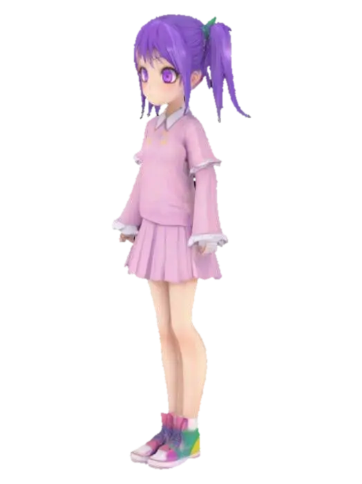 thin young anime girl with purple long lush hair 3D model, vytvořený pomocí AI