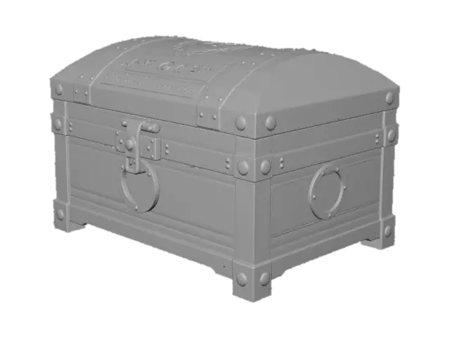 3D model for A compact rectangular storage chest made from dark ironwood planks bound with brushed moonsteel bands. The lid is slightly domed and reinforced with crescent-shaped hinges. Frost-blue runic inlays run along the edges of the lid and faintly glow from shallow carved channels. The wood texture shows hand-carved grain with light weathering and worn edges from travel. Moonsteel corner caps protect the chest, each engraved with small lunar symbols. The latch is a simple rotating moonsteel clasp shaped like a crescent moon. Surface scratches and subtle dents give the chest a long-used adventurer feel.