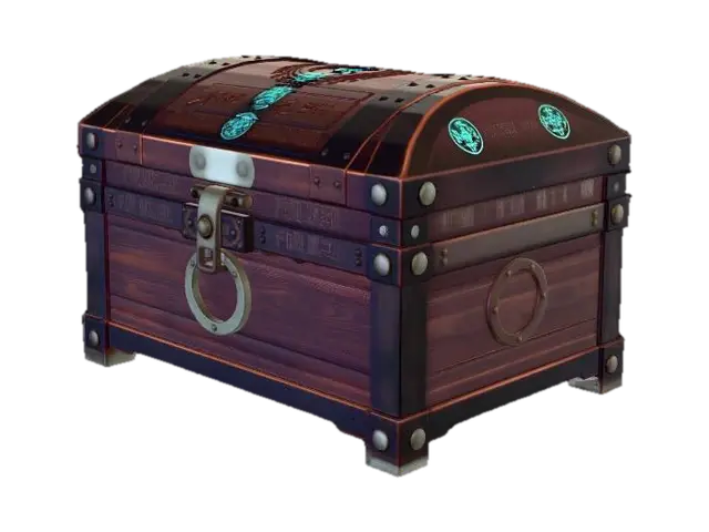 3D model for A compact rectangular storage chest made from dark ironwood planks bound with brushed moonsteel bands. The lid is slightly domed and reinforced with crescent-shaped hinges. Frost-blue runic inlays run along the edges of the lid and faintly glow from shallow carved channels. The wood texture shows hand-carved grain with light weathering and worn edges from travel. Moonsteel corner caps protect the chest, each engraved with small lunar symbols. The latch is a simple rotating moonsteel clasp shaped like a crescent moon. Surface scratches and subtle dents give the chest a long-used adventurer feel.