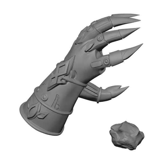 3D model for Guantelete de combate mágico, brazo completo hasta el codo, metal negro carbonizado y agrietado, grietas incandescentes de color naranja y dorado brillante recorriendo toda la superficie como lava fluyendo, garras afiladas en los dedos, textura de roca volcánica en la base, estilo fantástico de batalla