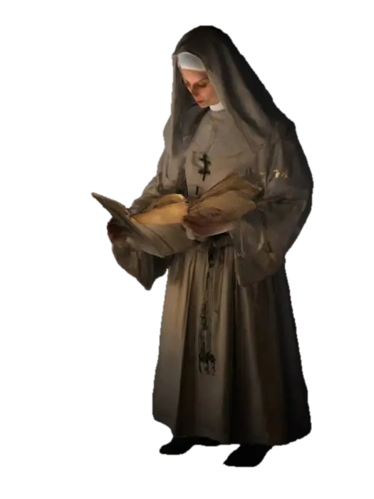 In a 17th-century Lombardy convent, a cloistered nun, clad in convent garb,… - Gentileschi 3D model, vytvořený pomocí AI