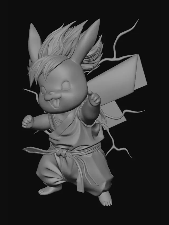 3D model for Faça o Pikachu em pose de luta, soltando raios, com a roupa e os cabelos do goku super saiadim