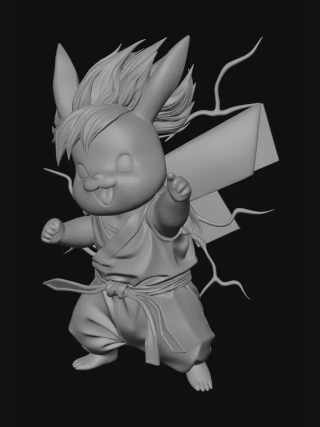3D model for Faça o Pikachu em pose de luta, soltando raios, com a roupa e os cabelos do goku super saiadim