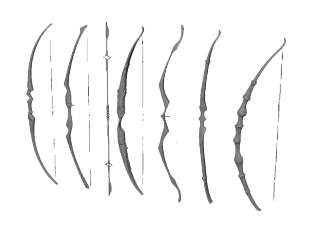 3D model for i need 11 low poly bow module of diffrent variant ( starter , coppper , iron , steel, jade, volcani ,void, radiant,plasma , cosmic and eternal